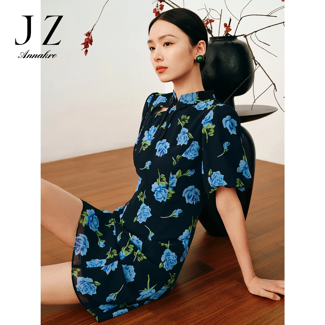 【羊羊专属】玖姿安娜蔻JTDQ50041中式国风玫瑰收腰雪纺印花连衣裙