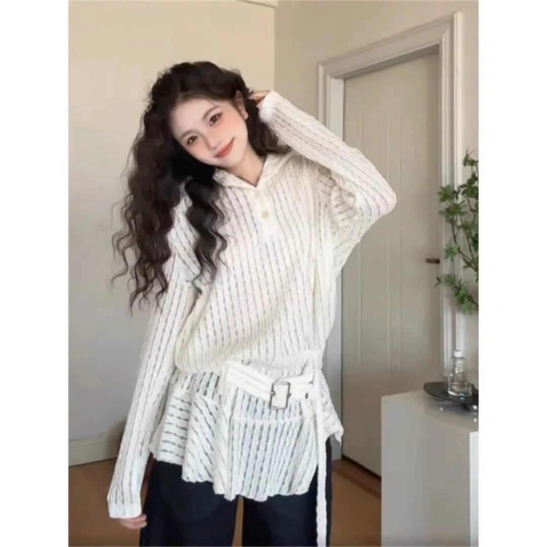 PERIKAS蕾丝防晒镂空连帽长袖衬衫女夏季设计感小个子荷叶边上衣