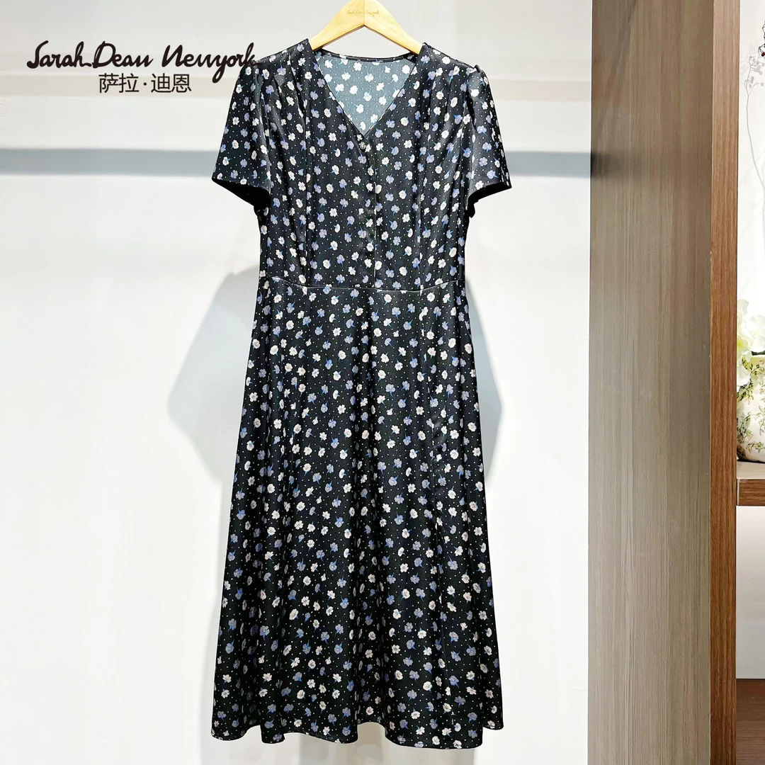 【萨拉迪恩】桑蚕丝v领短袖时尚气质长款连衣裙