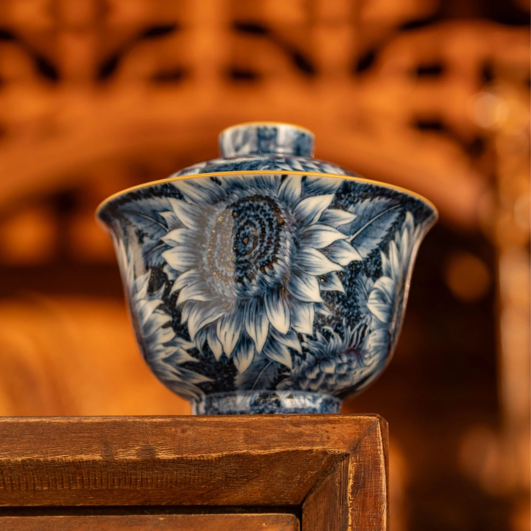 【酉瓷窑】向日葵两才盖碗纯手工釉下青花瓷景德镇陶瓷茶器主人杯