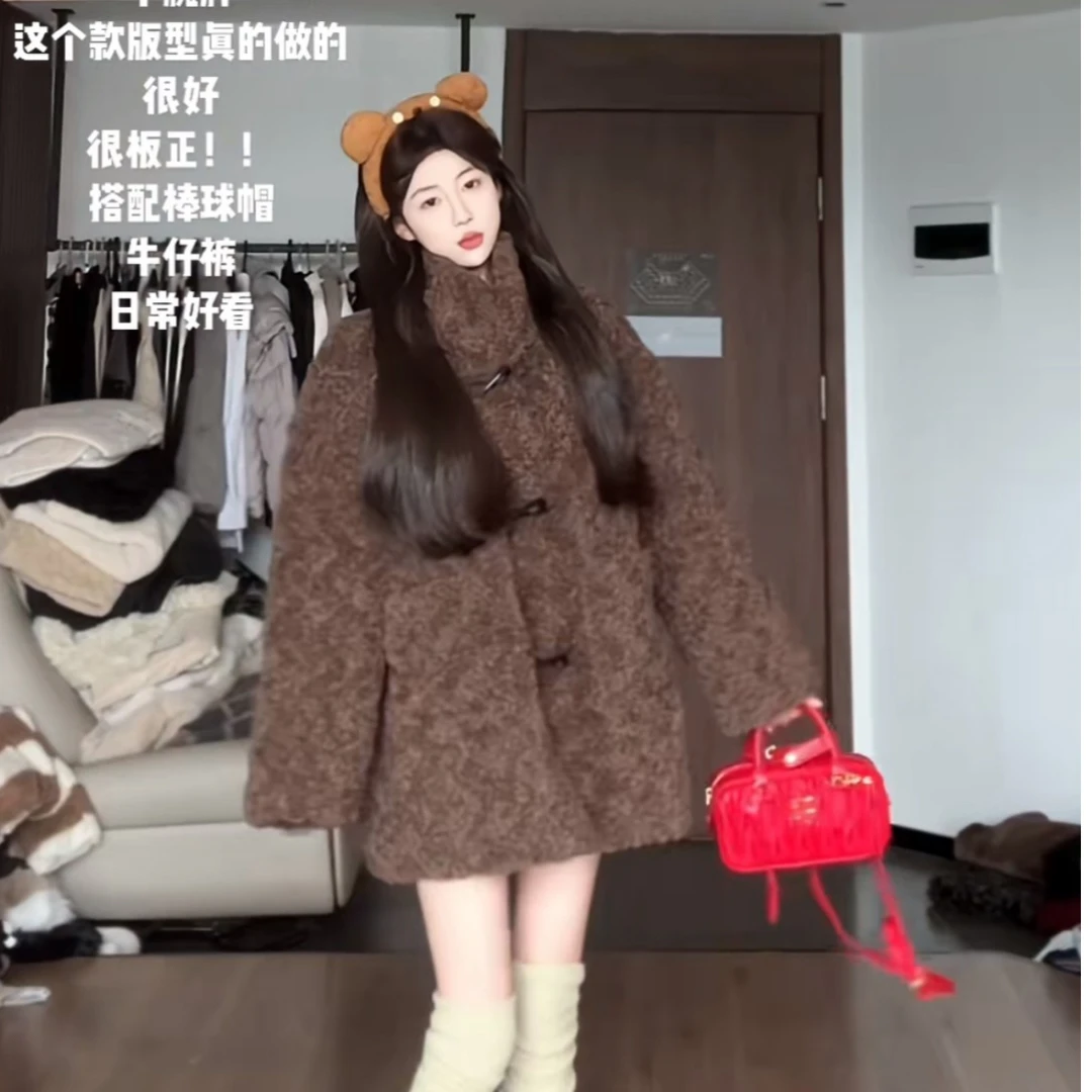 巧克力牛角可颂 皮毛一体外套女秋冬宽松慵懒风大衣