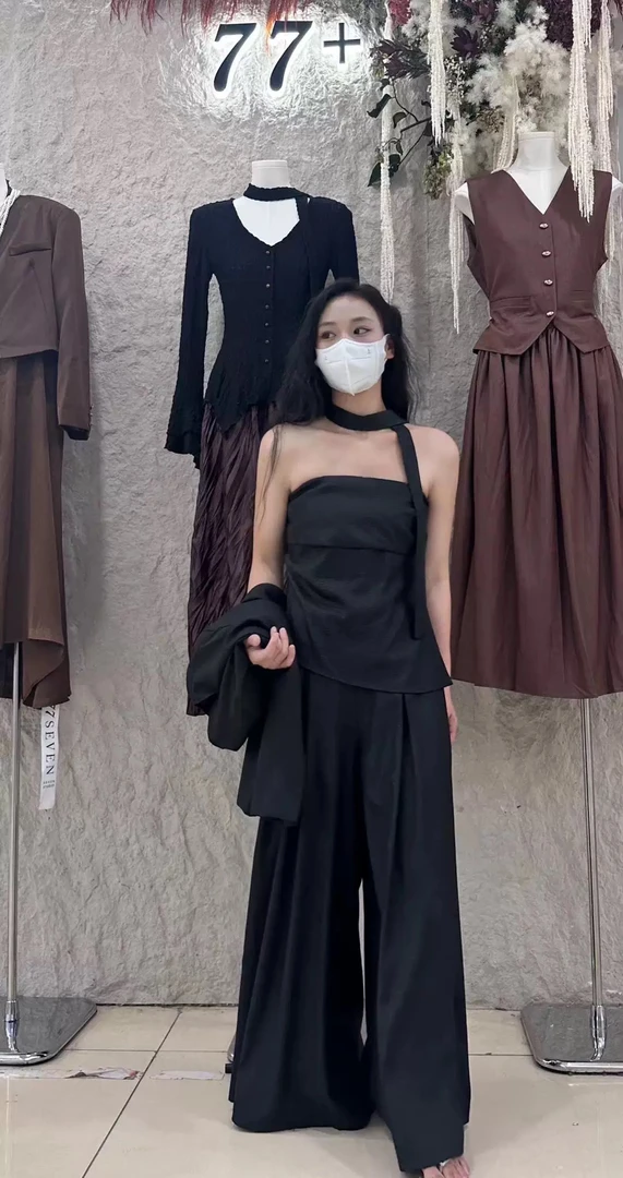高级感三件套外搭披肩短外套女＋收腰露肩背心＋高腰阔腿裤套装潮