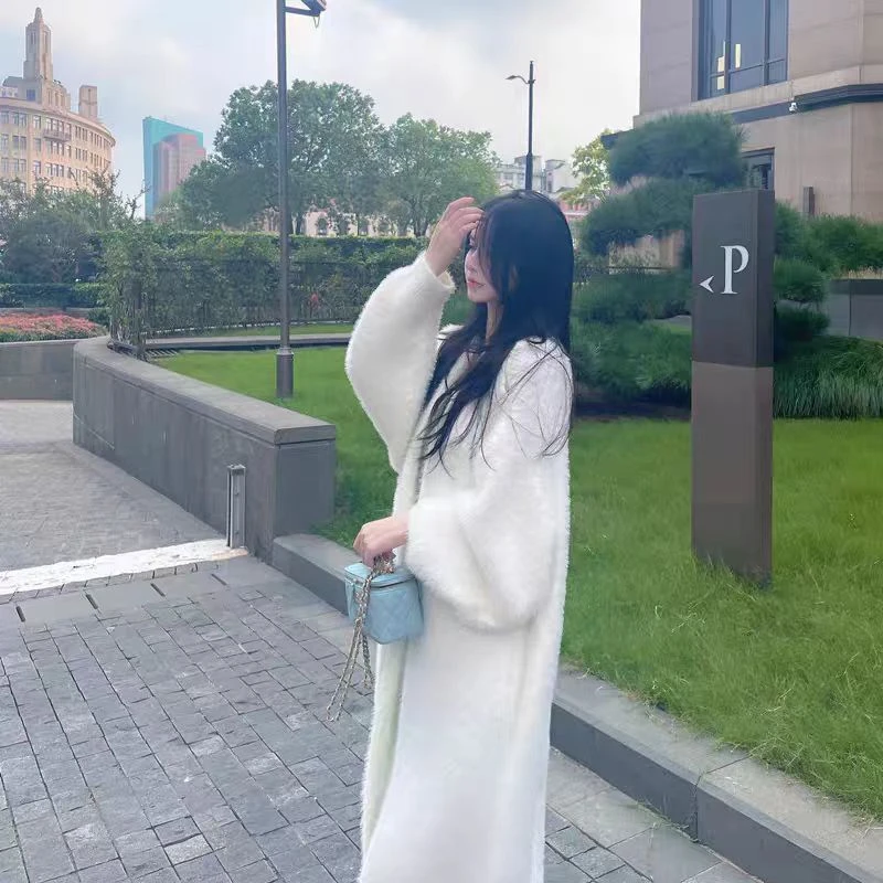 B123#水貂绒长款女大衣秋冬宽松慵懒温柔风毛绒绒过膝毛衣外套