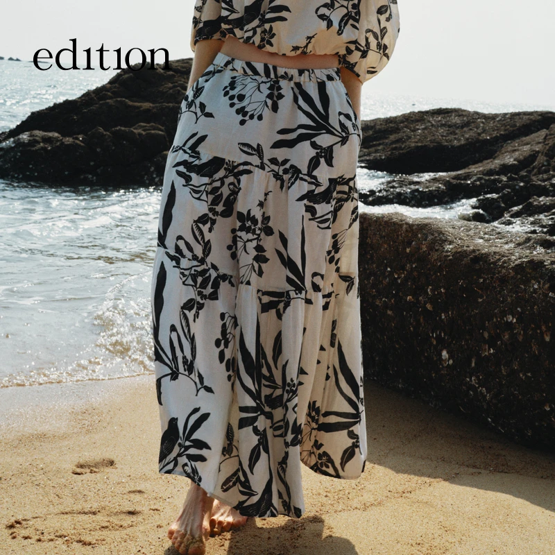 【商场同款】edition欧若风东方感印花亚麻半身裙半裙#EBC2SKTK01