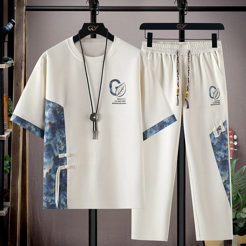 夏季新款休闲运动套装青少年男士时尚新中式短袖T恤长裤两件套