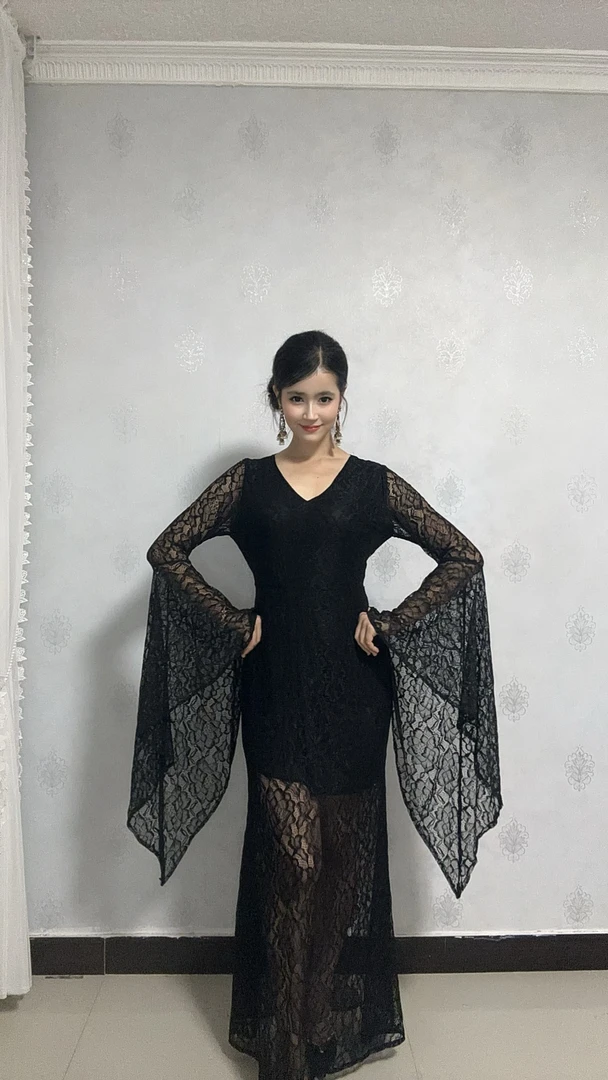 蝴蝶袖性感高腰连衣裙黑色法式拼接V领蕾丝游泳喇叭袖