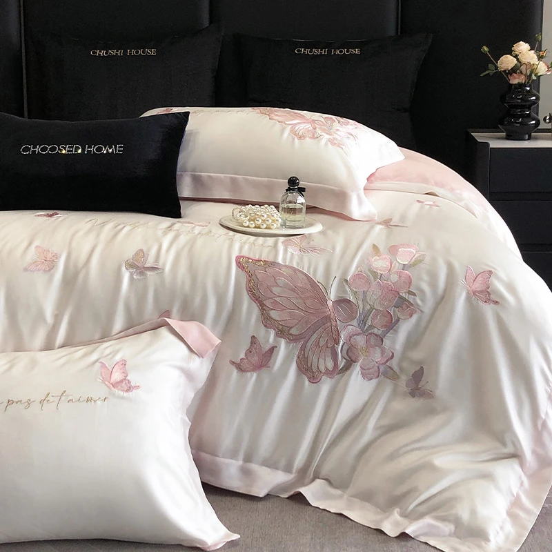 皇后娘娘  轻奢少女心长绒棉四件套浪漫蝴蝶刺绣纯棉被套床上用品