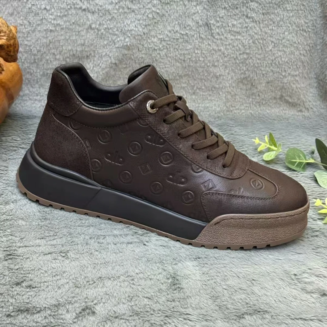 D99男鞋冬季拼色印花加绒保暖休闲皮鞋时尚潮流百搭棉鞋复古系带