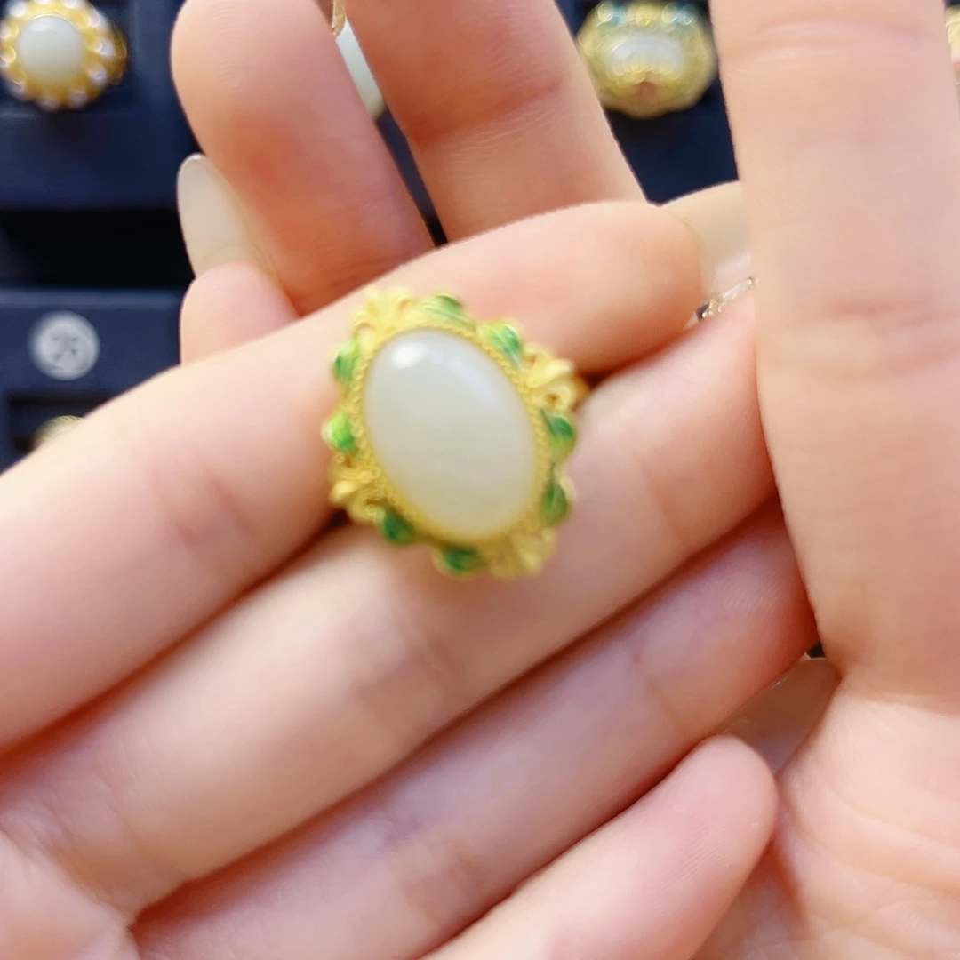 和田玉银S925镀金镶嵌戒指