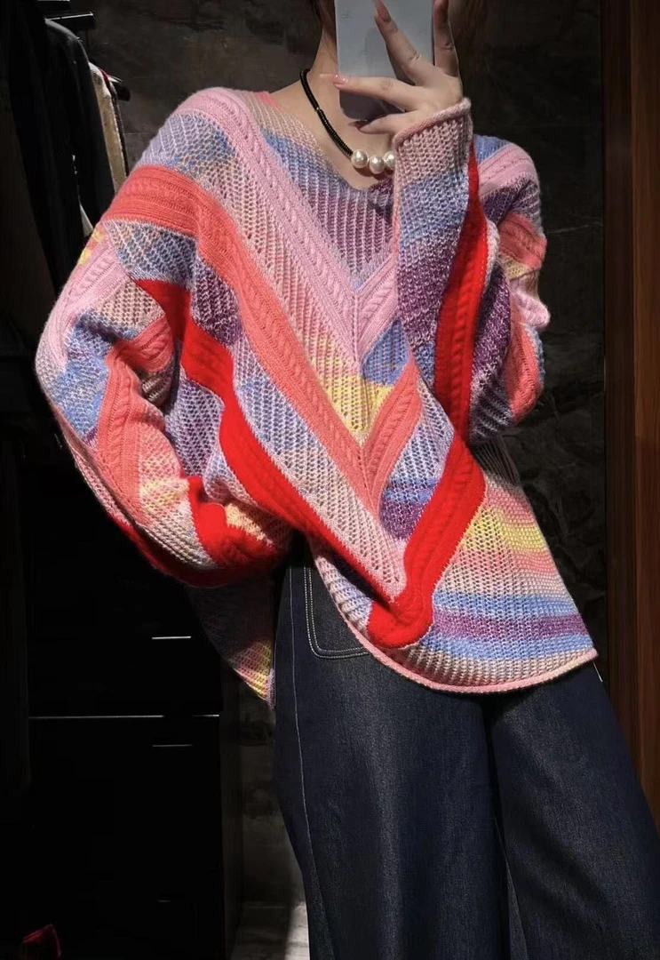 潮漠精选24165✦大V款羊绒套衫网红针织时尚百搭慵懒风圆领秋冬