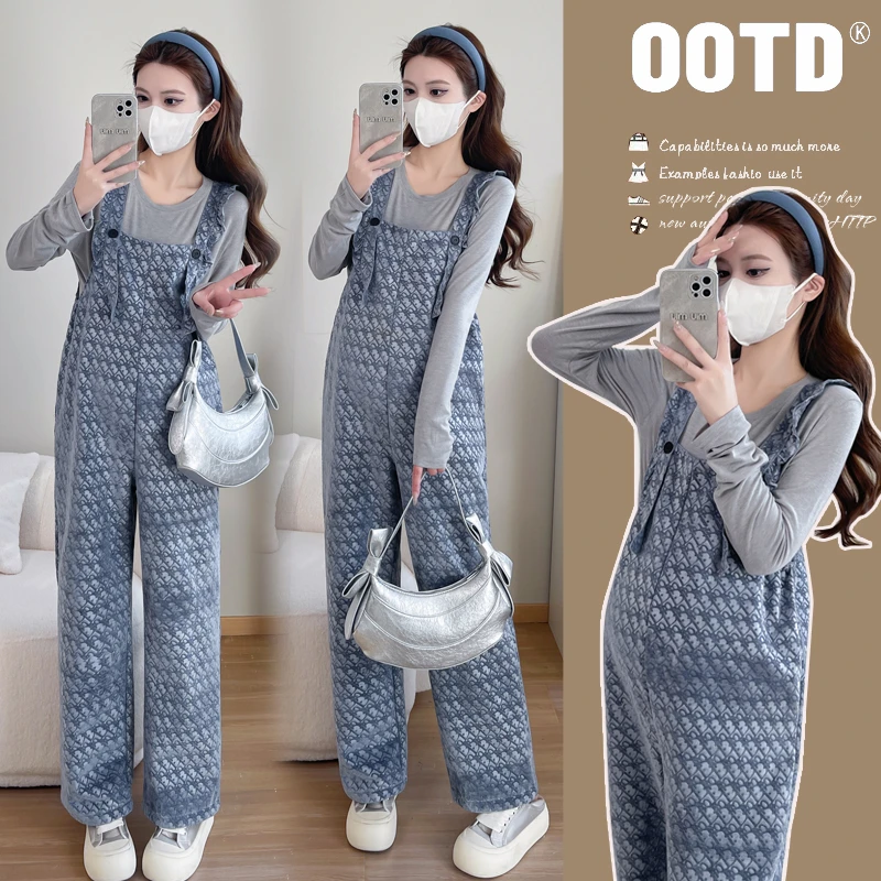 孕妇背带裤套装2024秋冬季宽松显瘦连体裤针织打底衫阔腿裤两件套