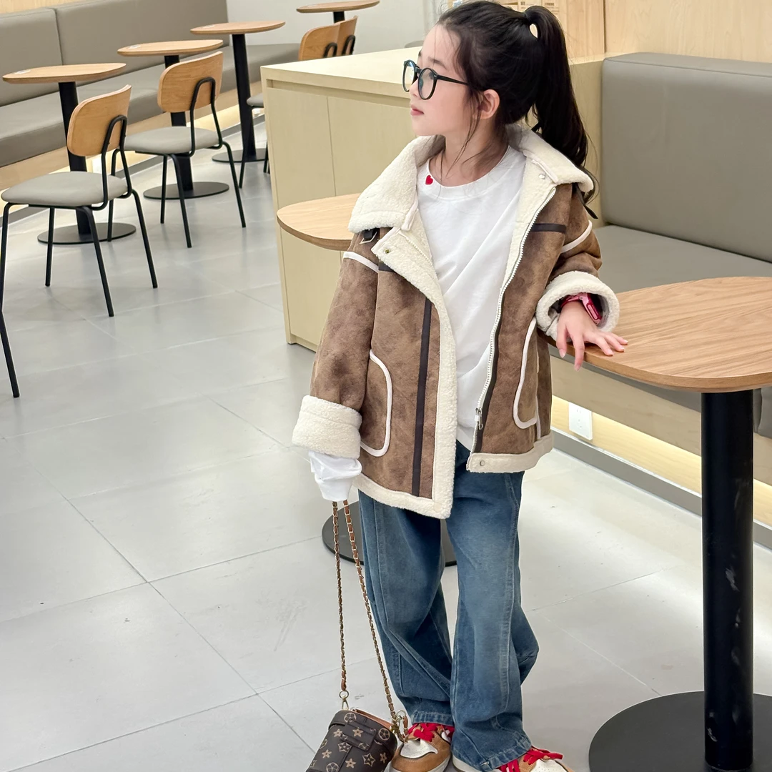 女童秋冬装皮毛一体外套冬季大童韩系穿搭加绒加厚保暖机车服夹克