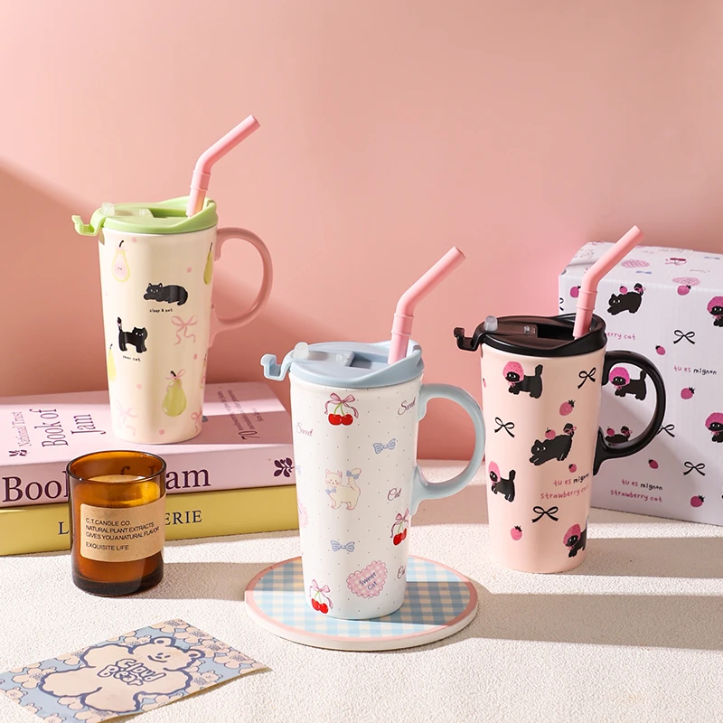 舍里陶瓷马克杯家用带盖吸管杯大容量水杯生日礼物杯子礼盒