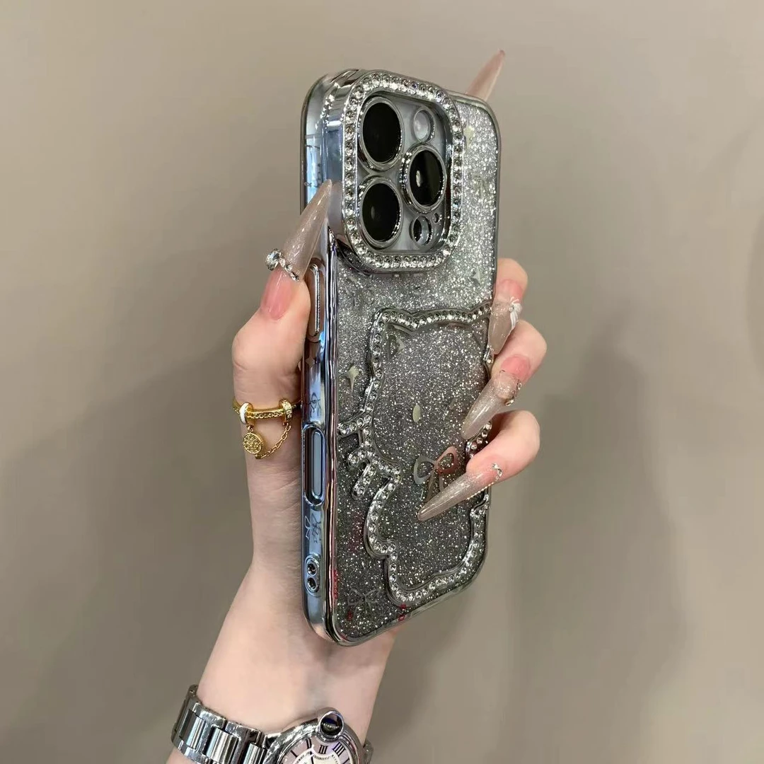 轻奢可爱镶钻猫咪适用iPhone16promax苹果15p手机壳14电镀13褶皱