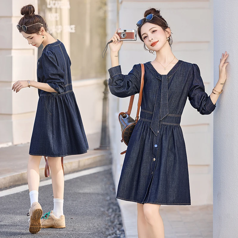 法式复古气质牛仔连衣裙2025秋季新款小个子收腰遮肚子显瘦A字裙