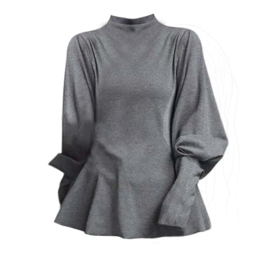 【小九家】加绒法式复古半高领女冬季修身内搭显瘦灯笼袖上衣8236