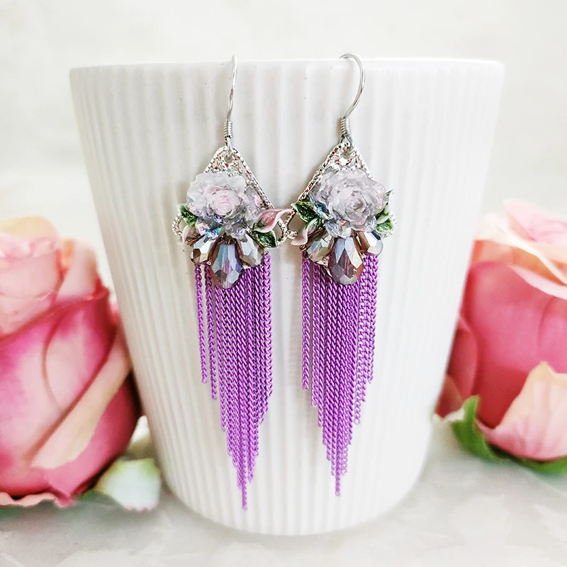 铜合金耳饰 民族风纯手工气质花瓣流苏耳环1358