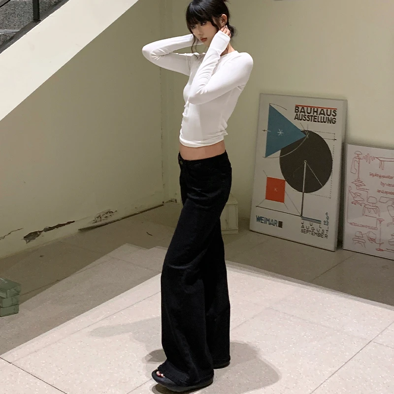 E7Q8 美式低腰美少女经典显瘦黑色水洗微喇阔腿牛仔裤拖地休闲裤