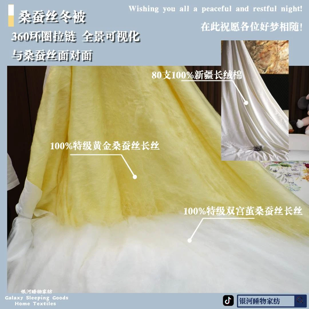 360度全景可视双色桑蚕丝长丝80支全棉提花特级黄金蚕丝冬被
