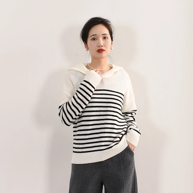 EKNR高支纯羊毛配色条纹连帽针织衫女春季新款羊毛衫休闲慵懒毛衣