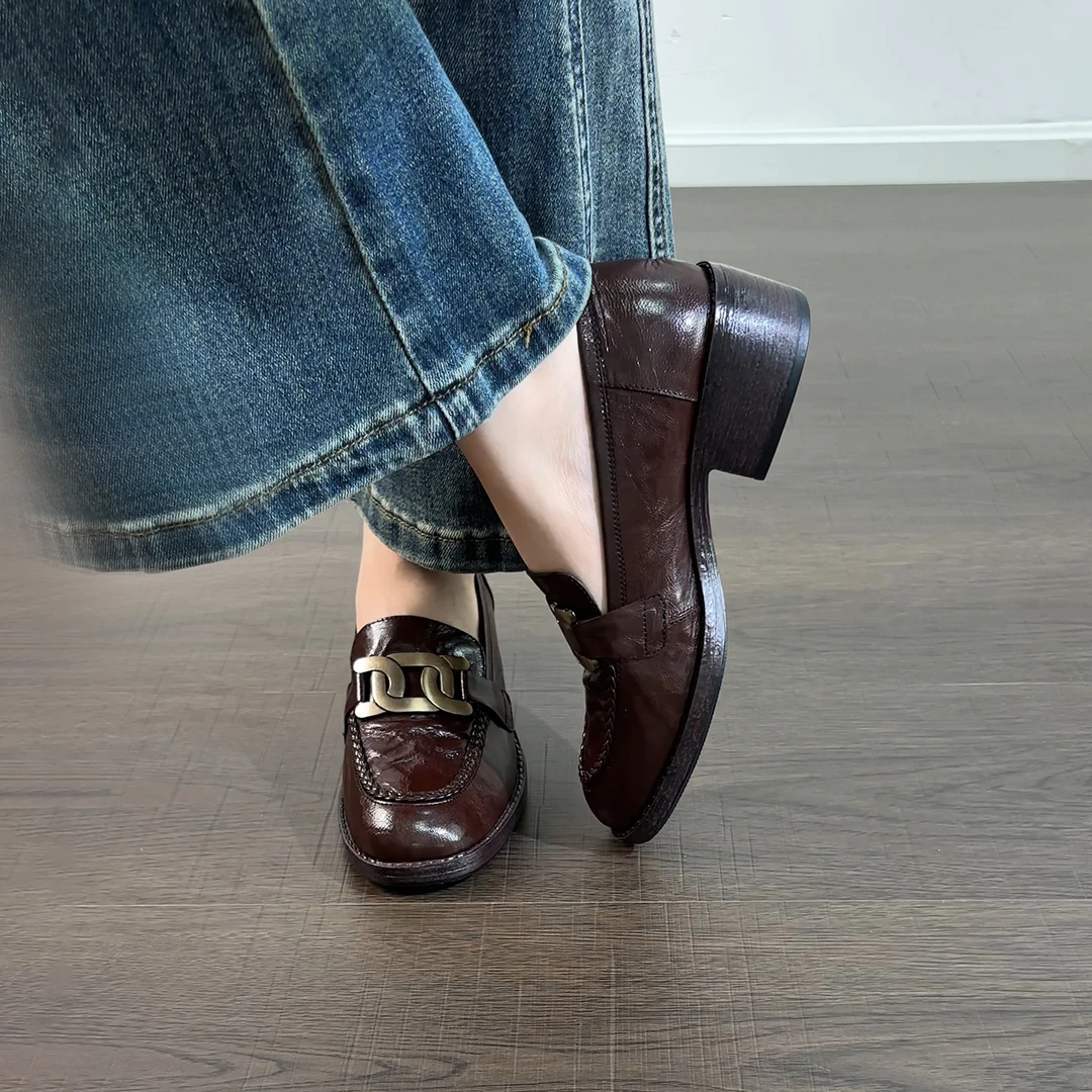 4cm/2689羊皮圆头粗跟春秋深口单鞋百搭真皮乐福鞋英伦风中跟女鞋