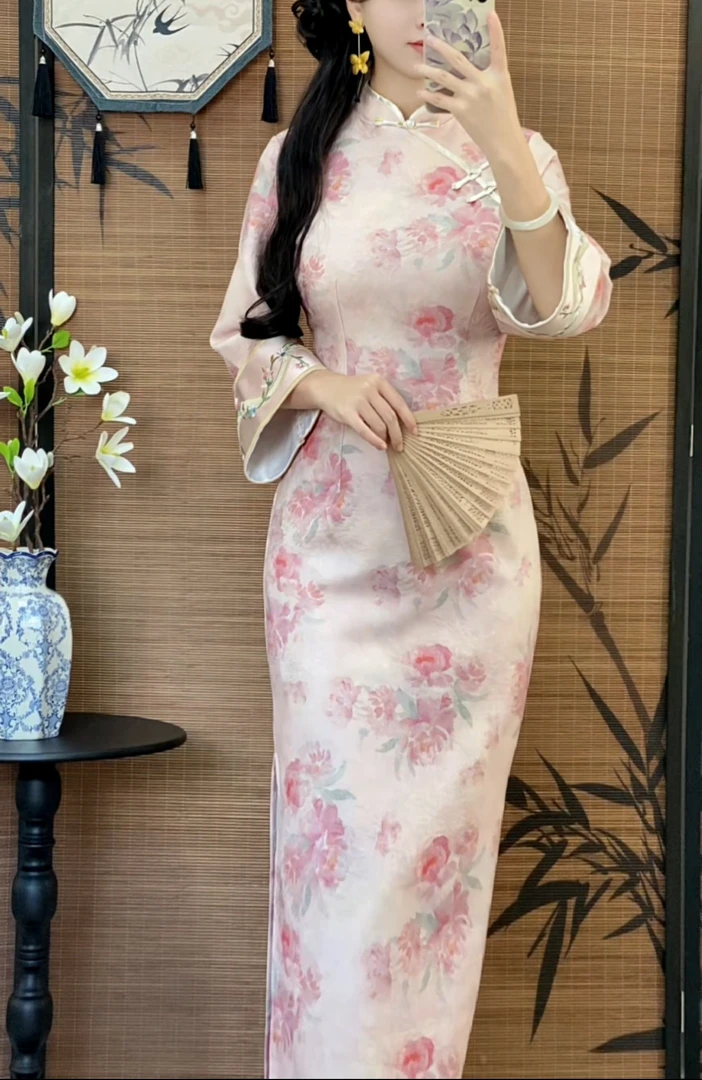 予溪自制【桃花姬】秋冬倒大袖厚款针织提花气质修身改良旗袍