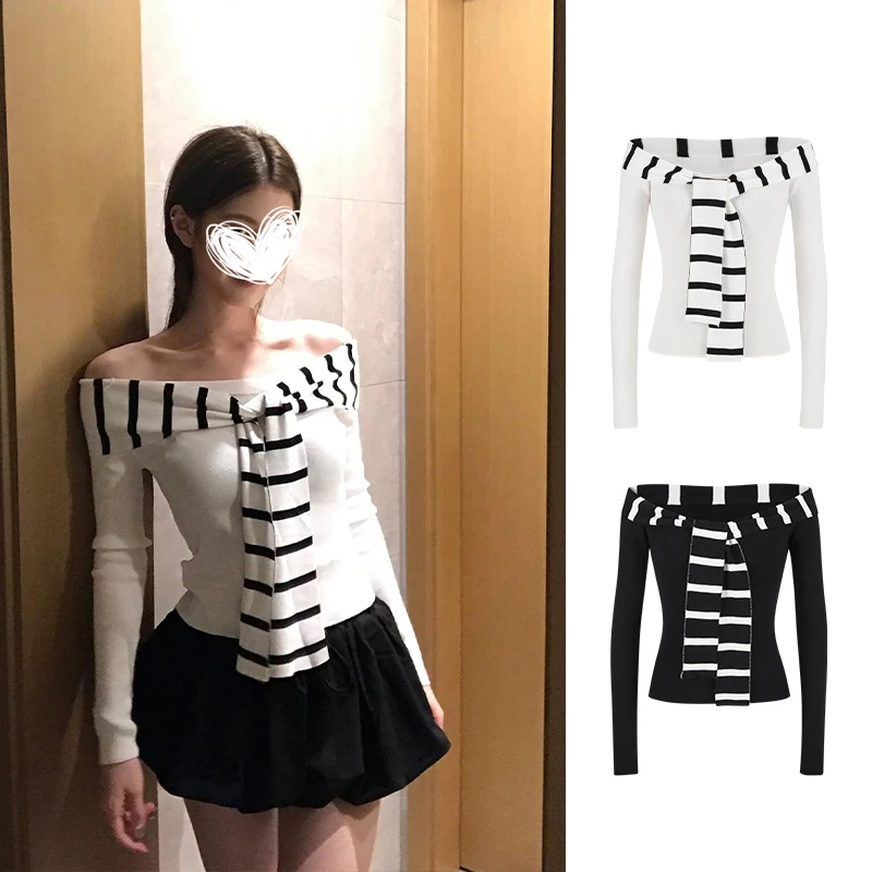 Moses Queen/魔西女王韩系条纹拼接针织衫女水手领一字肩修身上衣