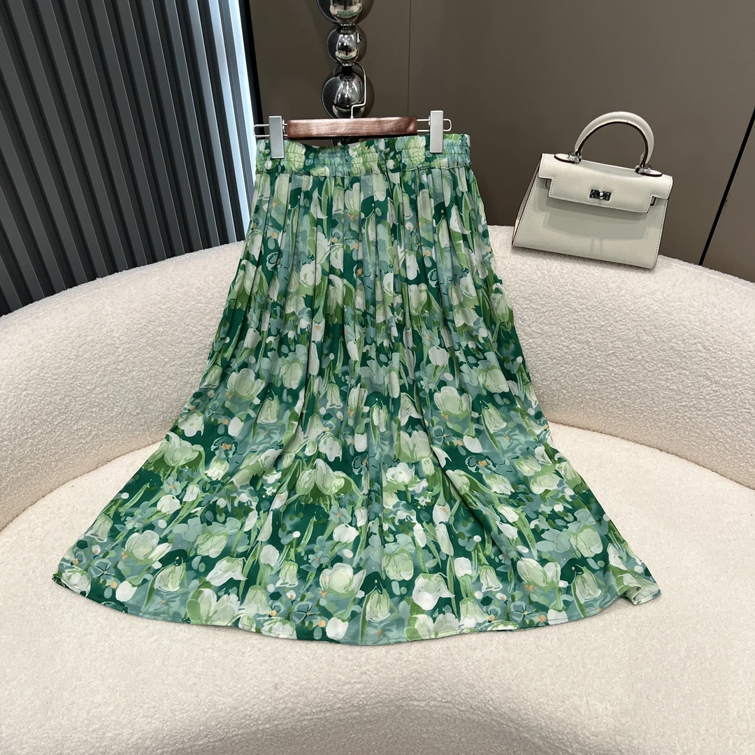 褶皱长款半身裙时尚复古田园风印花系印染高腰百搭气质夏季显瘦裙
