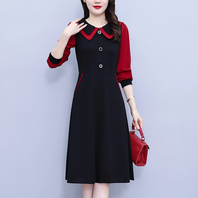 大码裙子2025秋季胖娃娃领拼接简约显瘦洋气长袖气质连衣裙淑女