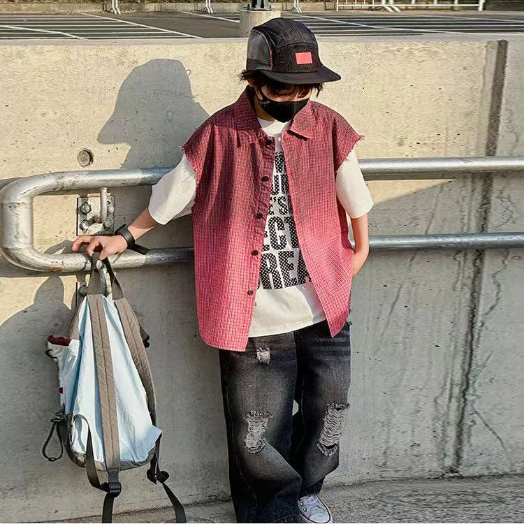 儿童夏季背心衬衫吊染儿童衬衫无袖宽松复古休闲C3002