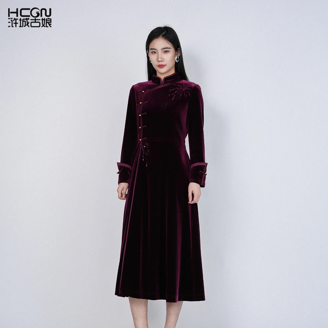 春夏季中国风丝绒气质优雅高贵时尚高级感女星熠连衣裙HASS010033