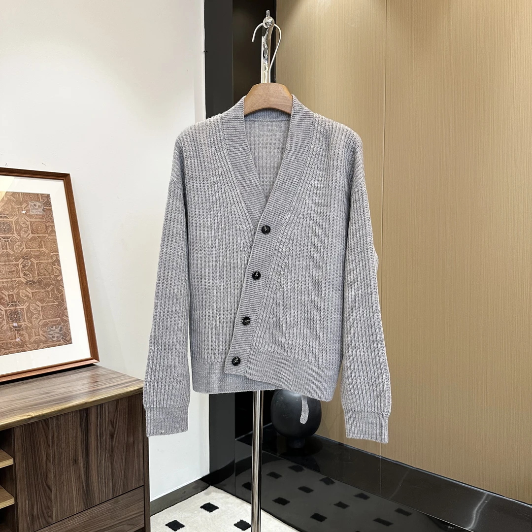 陈邓邓25春秋小众设计立体坑条斜襟粗针羊毛开衫外套女针织衫3019