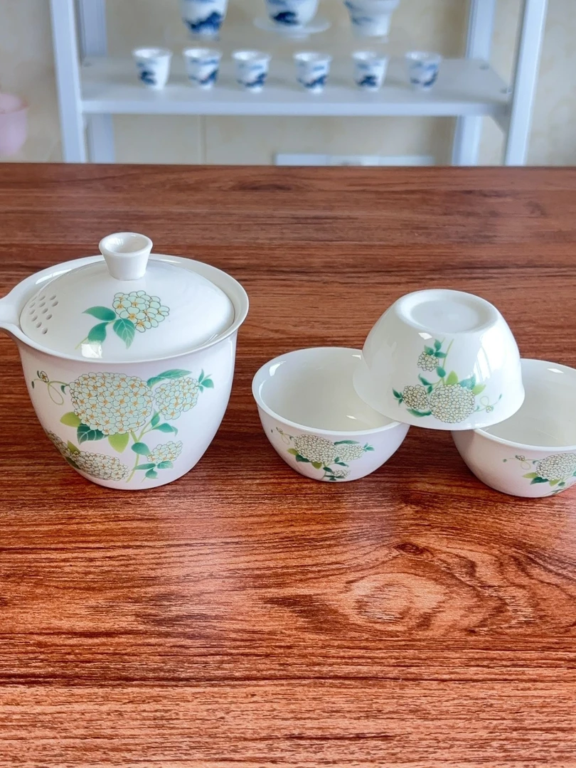 绣球花防烫白瓷瓷盖碗旅行茶具户外陶瓷便携式泡茶杯手绘中式