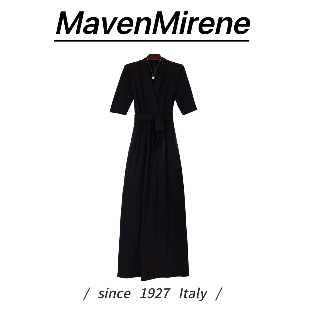MavenMirene2025意式高级感慵懒轻奢优雅系带黑色气质连衣裙8830