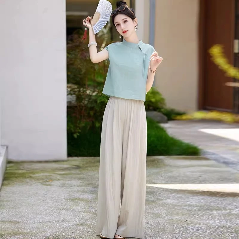 新中式时尚套装女2025夏季新款气质小香风显瘦减龄阔腿裤两件套潮