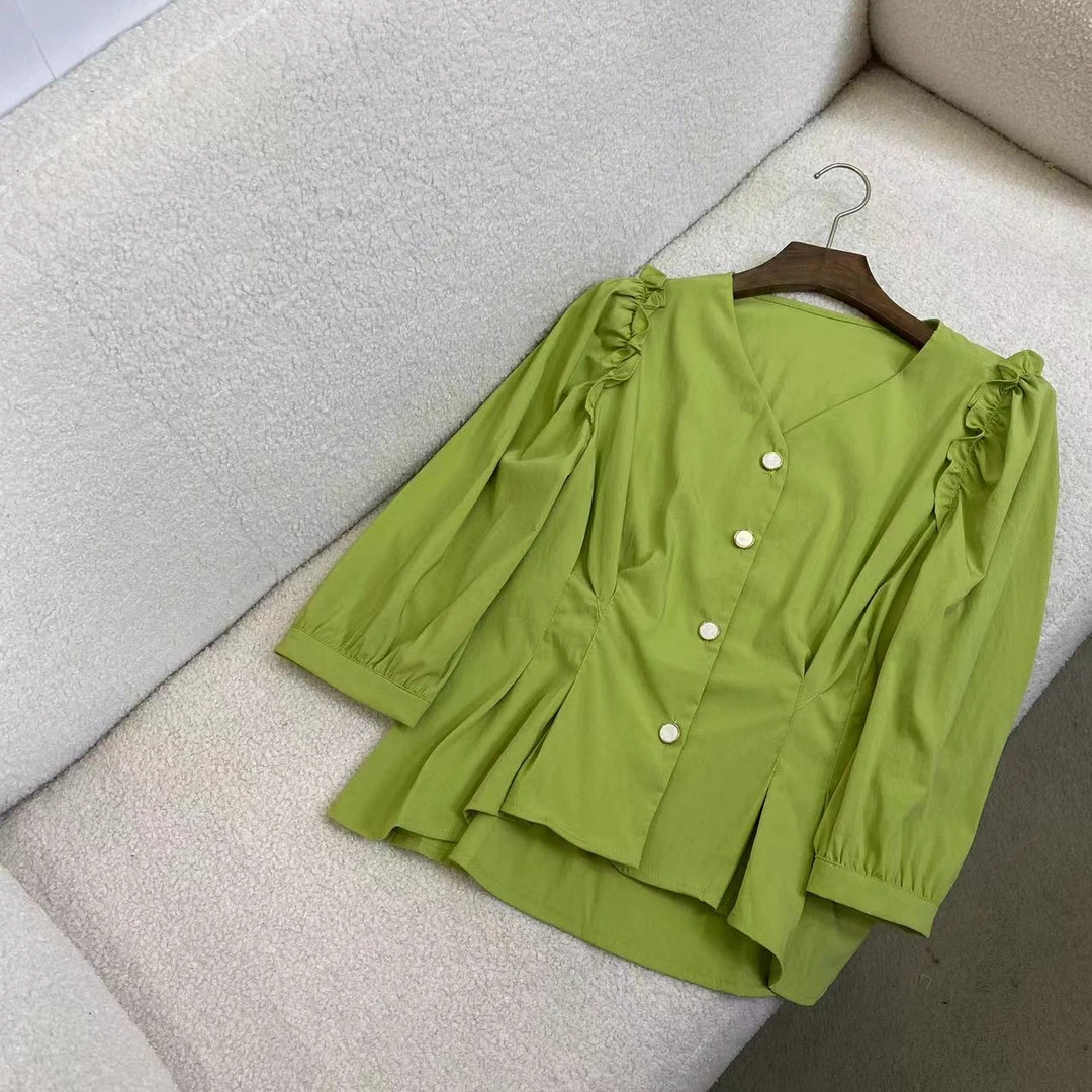 设计感小众褶皱V领春夏新款绿色收腰七分袖衬衫 C3637