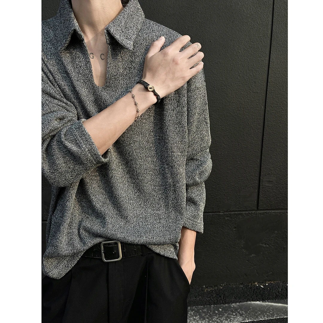 老钱风灰色V领针织卫衣男款春秋款高级感cleanfit长袖T恤慵懒上衣