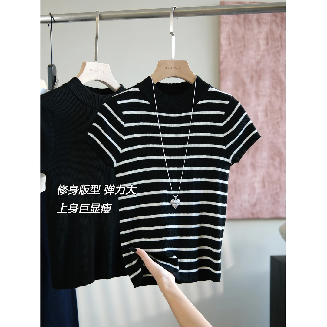 通勤搭子~柔软透气桑蚕丝天丝羊毛短袖女修身显示条纹打底针织衫