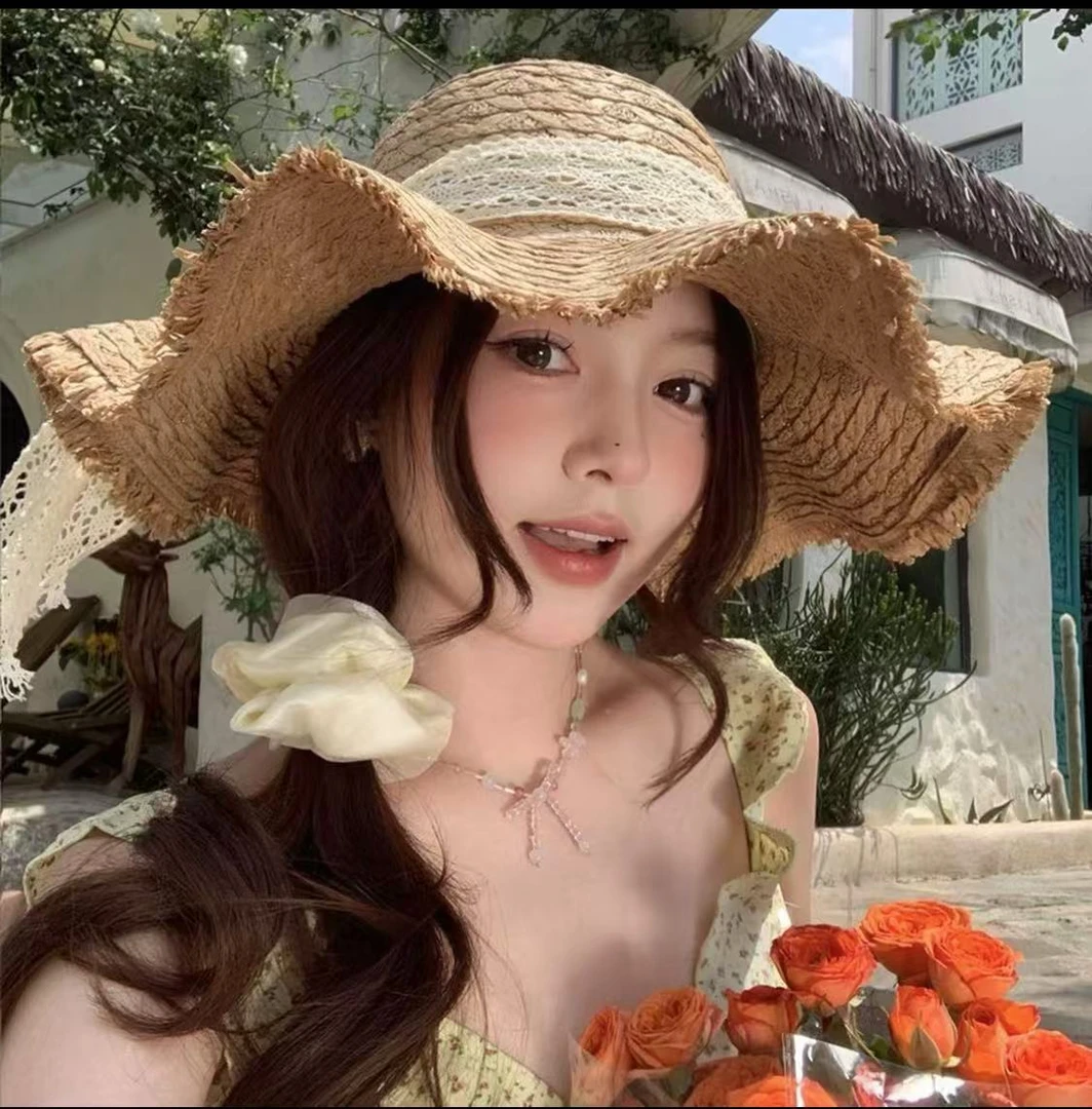 德国品质法式蕾丝花边波浪形草帽女夏季海边度假编织帽子大帽檐遮