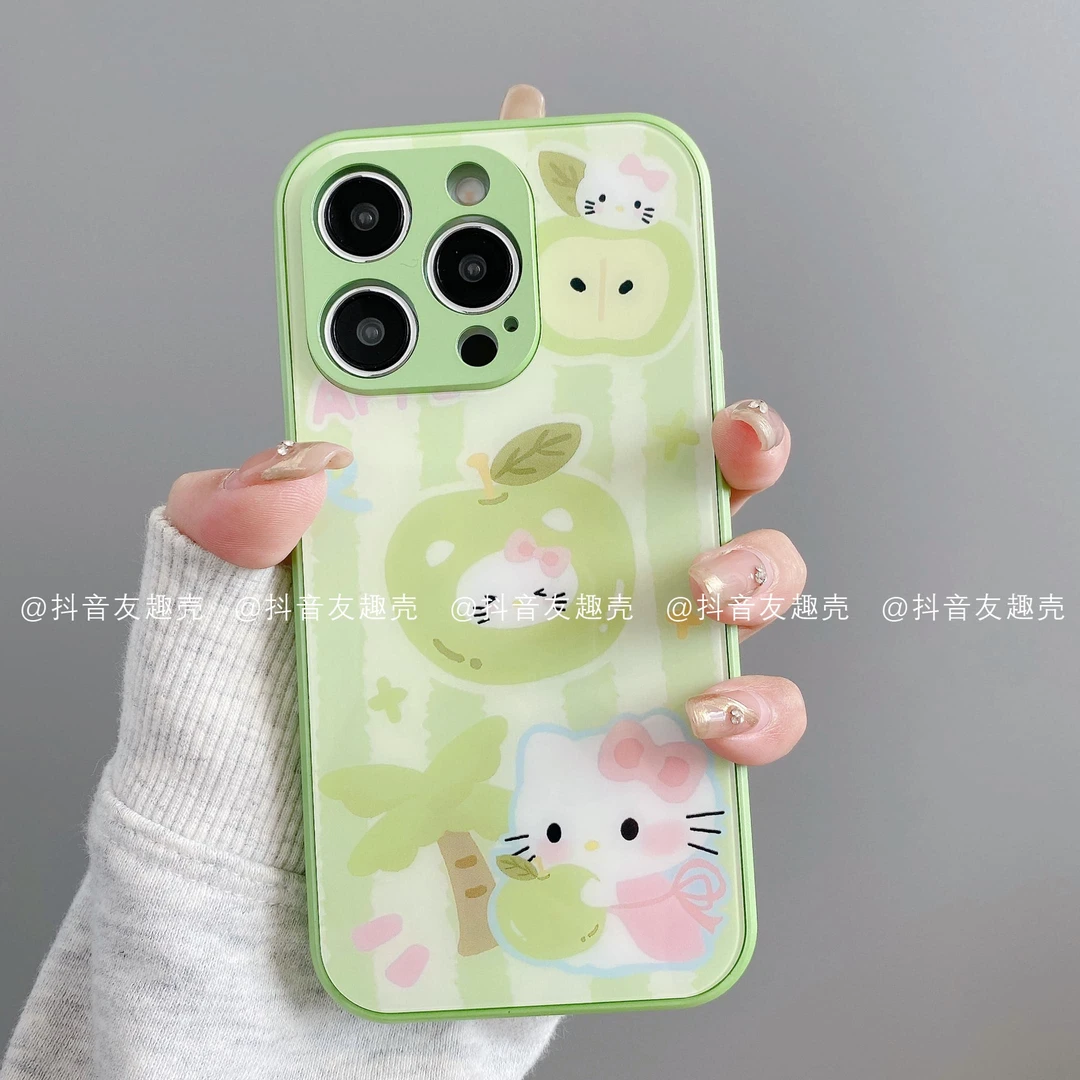 适用于苹果16手机壳新款华为vivo小米oppo金属玻璃简单青苹果凯蒂