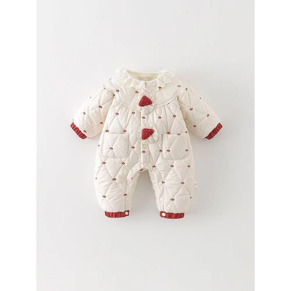 婴儿衣服冬季宝宝夹棉连体衣可爱洋气棉衣满月百天爬爬服外出衣服