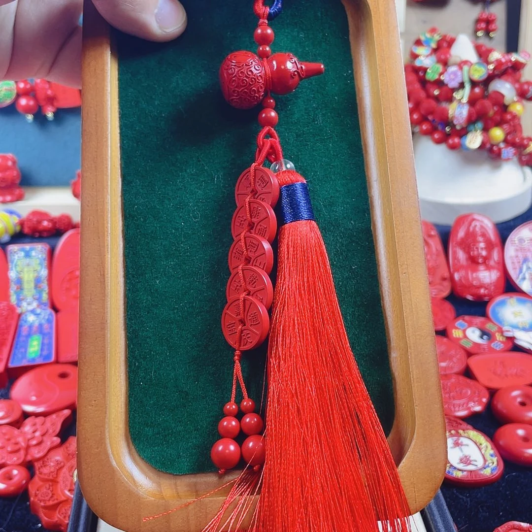 天然辰砂含辰砂工艺品葫芦五帝钱挂件