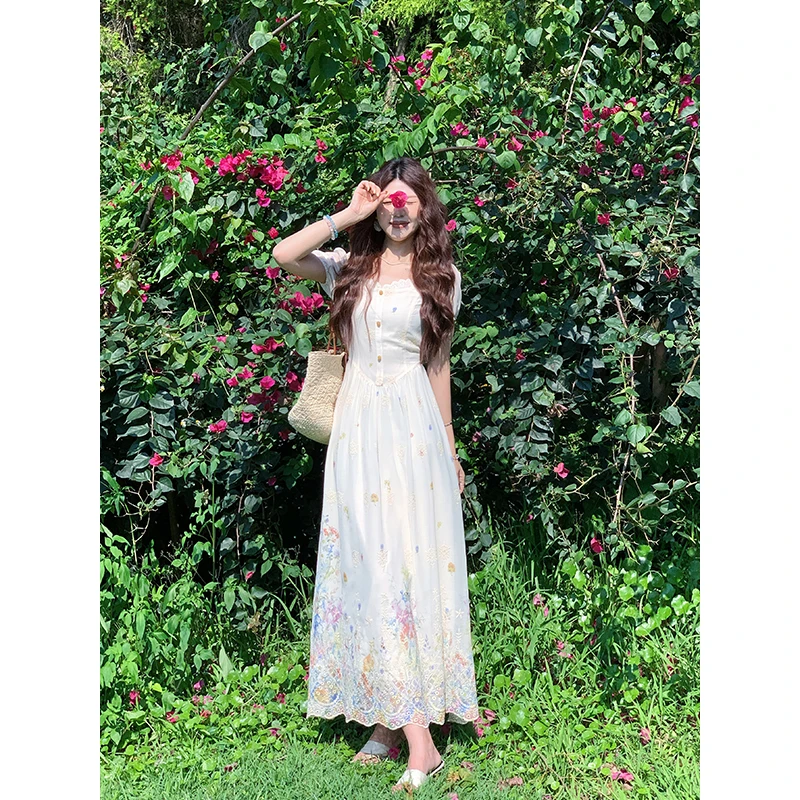 【秘境花园】甜辣多多印花刺绣收腰吊带连衣裙女夏法式复古气质裙子