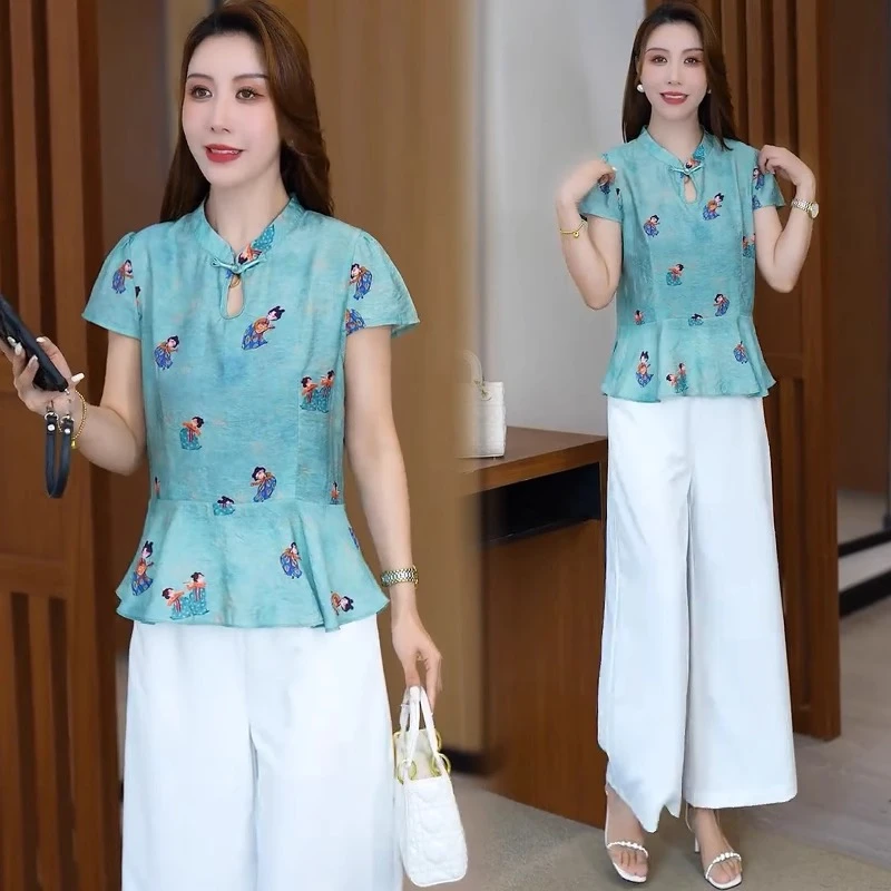 时尚套装女2025夏季新款洋气显瘦设计感短袖上衣阔腿裤两件套气质