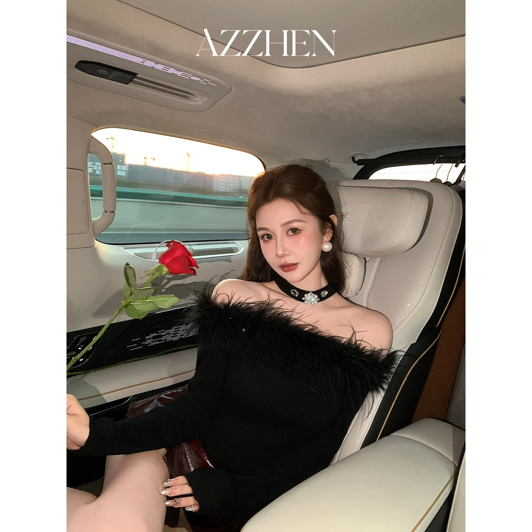 AZZHEN【暮光之夜】冬轻奢毛毛领一字肩绵羊毛针织上衣打底AZ5PZS11