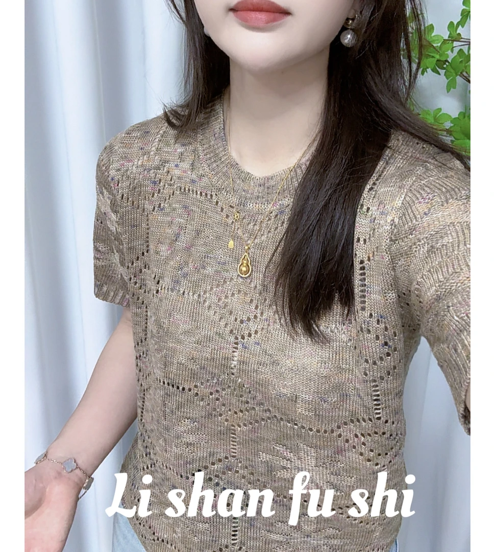 圆领镂空针织衫宽松百搭女上衣2025年新款夏季薄短袖上衣品质T恤