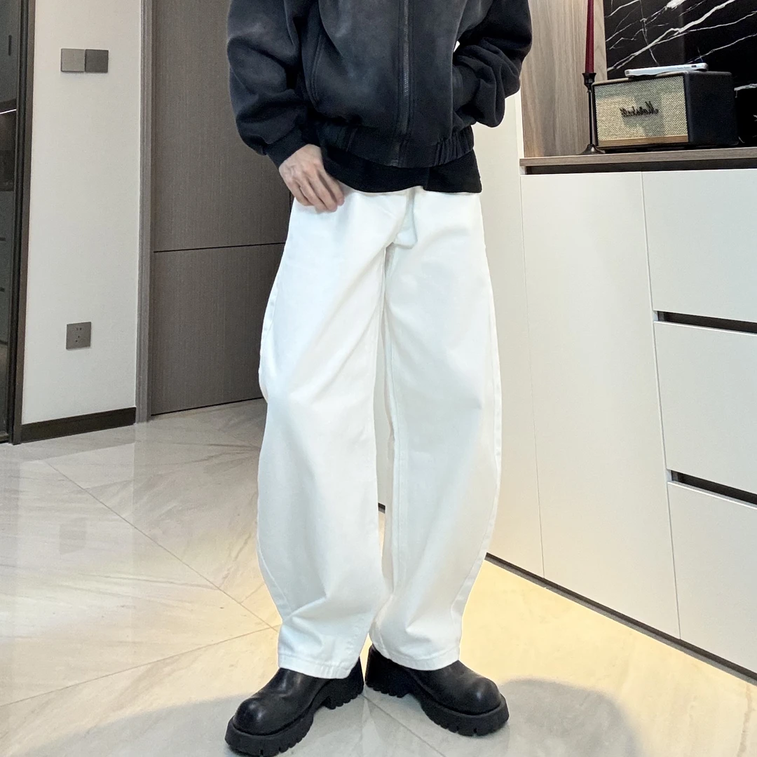 弯刀白色牛仔裤男女款韩版简约休闲裤时尚百搭宽松纯色潮流ins