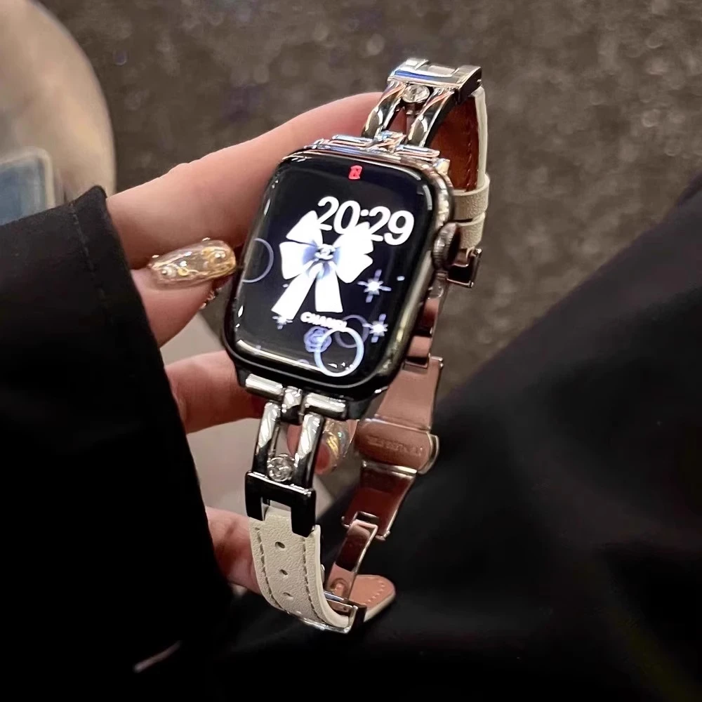 适用apple苹果watchS11手表S10表带闪钻金属新款皮质9透气女腕带