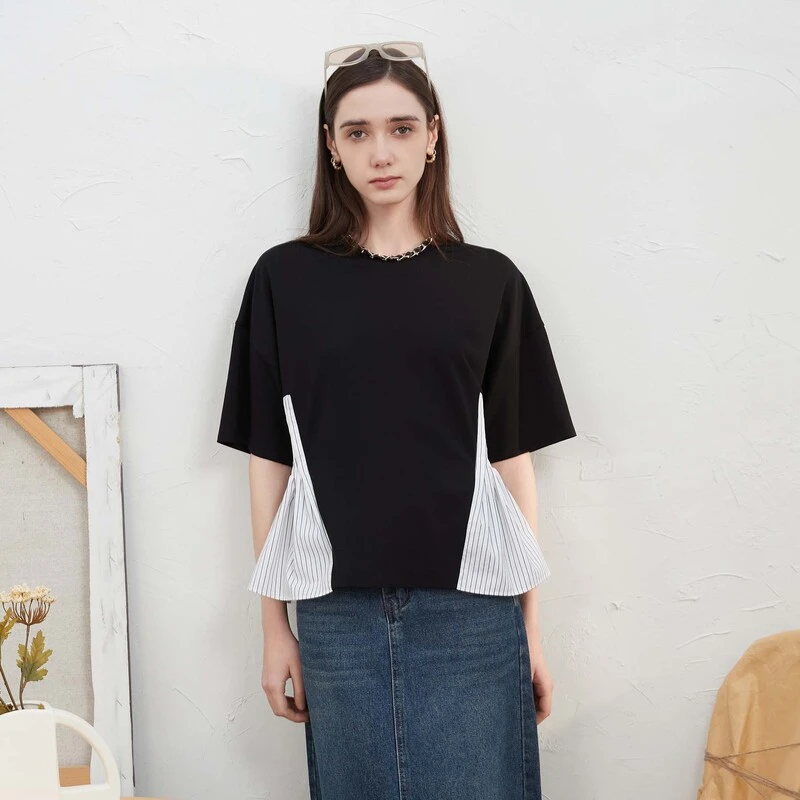S·DEER圣迪奥时尚女装气质复古圆领撞色条纹拼接短袖T恤S24260104