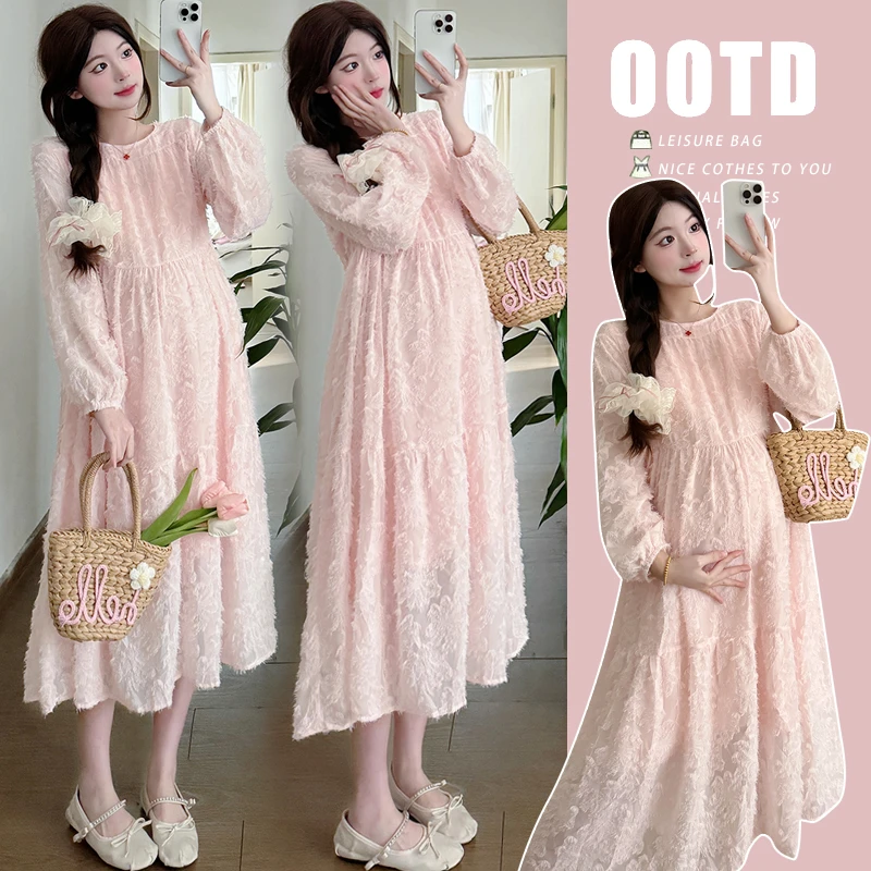 孕妇连衣裙春秋高级感2025新款春季长袖宽松遮肚子法式小个子裙子